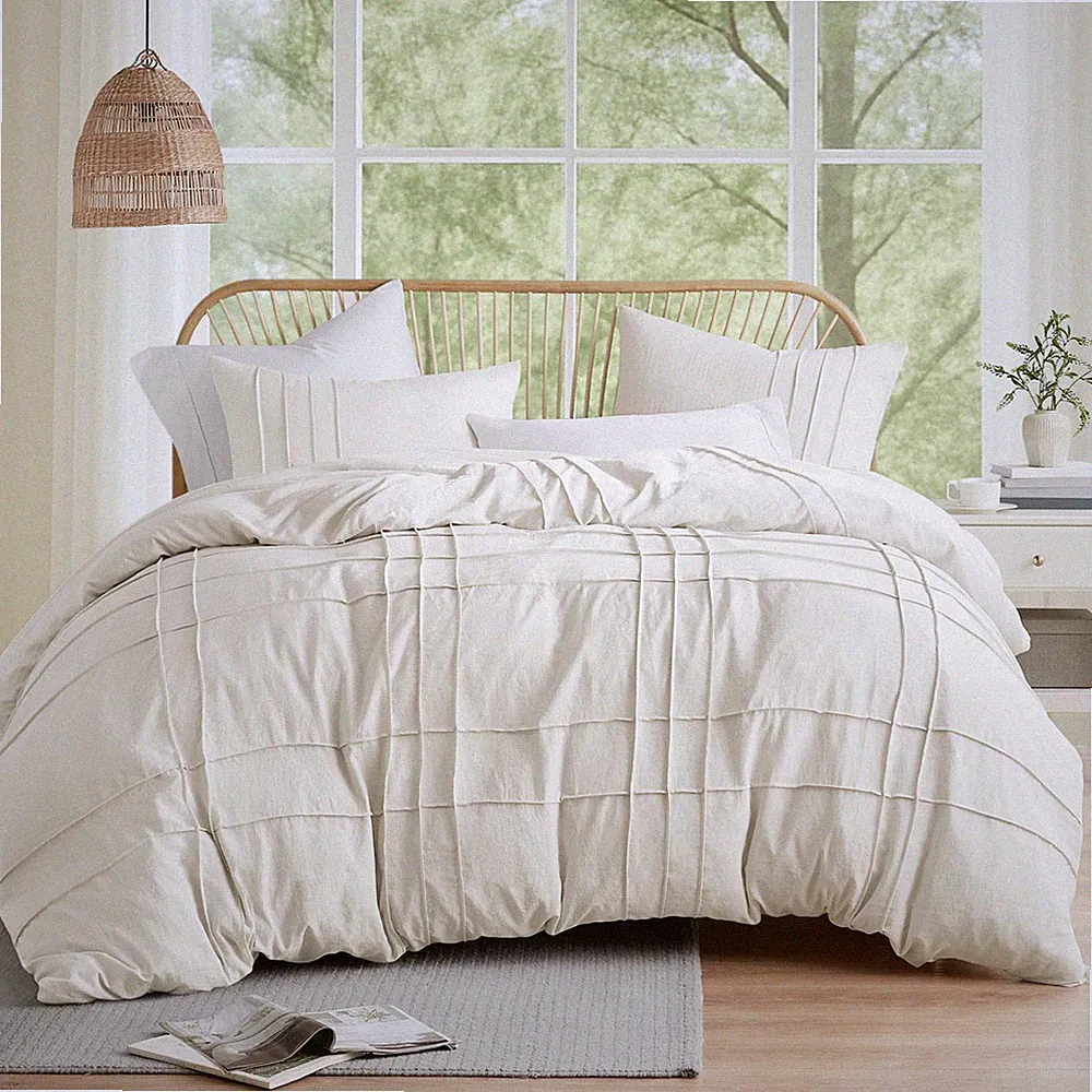 Comfort Spaces Cream Queen Size Duvet Cover Set 3 Pieces Pintuck Pleated Duv...