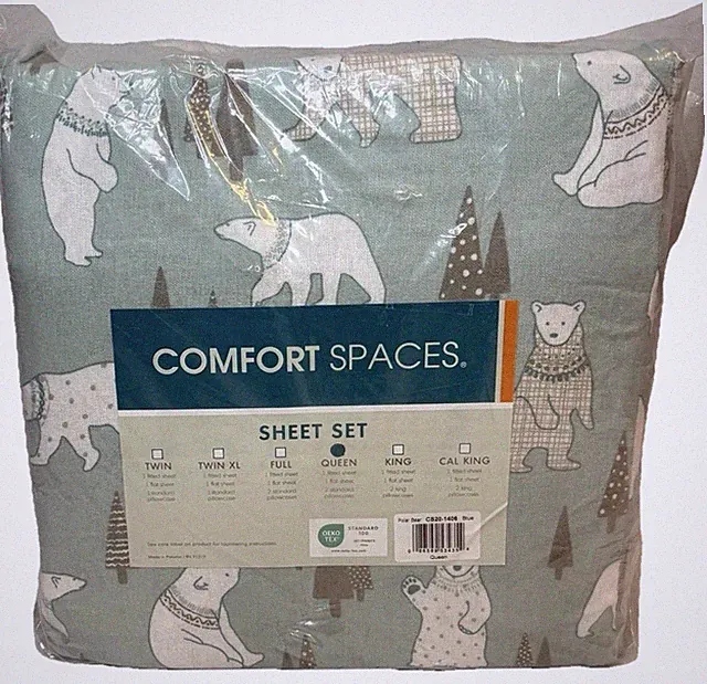 Comfort Spaces Queen Flannel Sheet Set Blue Polar Bear 100% Cotton Winter NIP