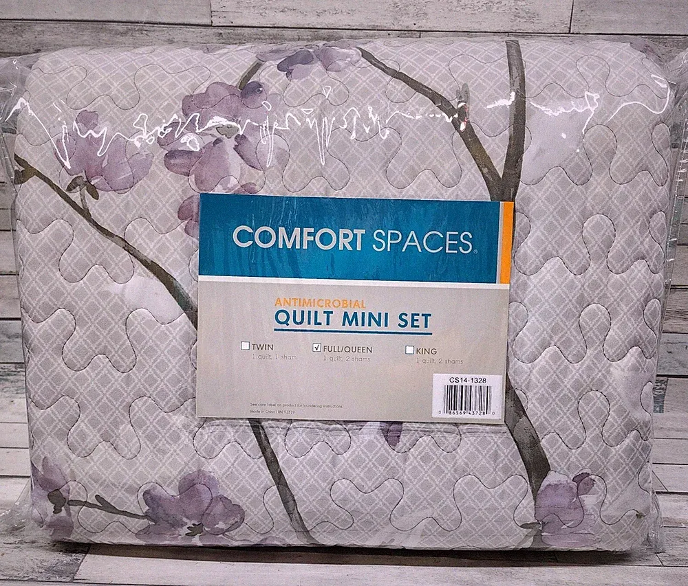 Comfort Spaces Quilt Set 90X90 Full Queen 2 Shams Purple Floral Antimicrobial