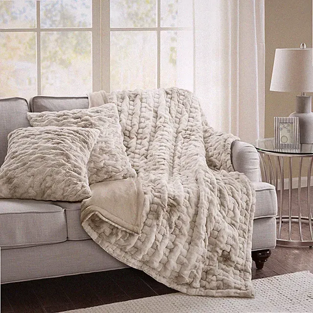 Comfort Spaces Ruched Faux Fur Plush Throw Blanket and Pillow Set with 2 Matc...