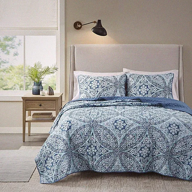 Gloria Damask Aqua Reversible Quilt Set, Full/Queen, 3 Piece Bedding Set
