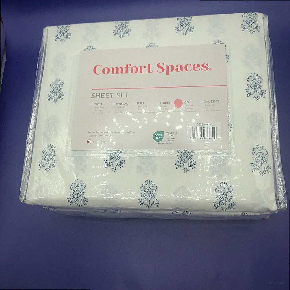 New Comfort Spaces Blue Floral King Sheet Set, 1 Fitted, 1 Flat & 2 Pillowcases